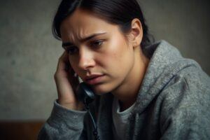 What Is Cognitive Therapy For Depression: A person on the phone contacting the National Helpline, a crucial resource for individuals seeking mental health support and guidance.