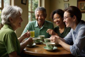 What Is The Health Benefits Of Green Tea: Community bonding over green tea - Multifaceted individuals coming together to savor the warmth and camaraderie of green tea.