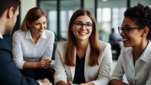Benefits Coaching Workplace: Group of employees in a meeting room discussing the benefits of coaching in the workplace, focusing on productivity and engagement.