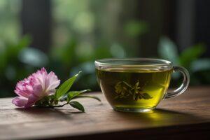 What Is The Health Benefits Of Green Tea: Cup of green tea with fresh tea leaves - Enjoying the tranquility of green tea amidst nature's beauty.