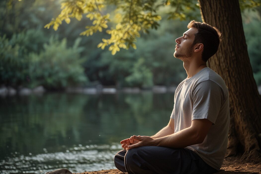 Yoga Breathing Exercises Anxiety: Person Seated In Peaceful Setting Practicing Box Breathing, Eyes Closed In Concentration. Yoga Breathing, Anxiety relief, Mindfulness Practice