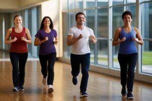 Health Wellness Programs Workplace: Initiatives showcasing employees using wellness programs in a modern corporate environment.