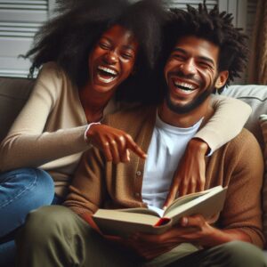Can Introvert Extrovert Date: Introverts and extroverts learning from each other. Introverts can bring depth (book) while extroverts can bring enthusiasm (laughter). Strong communication fosters connection. (introvert extrovert communication benefits, introvert extrovert relationship growth)