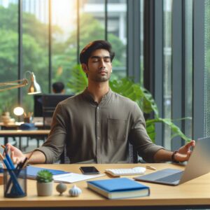 Dealing Work Related Stress: Office Meditation for Stress Relief. Employee practicing mindfulness at work to reduce stress.
