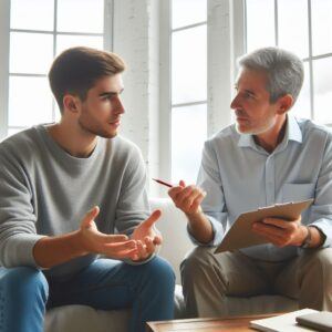 A therapist discussing "What Is Cognitive Therapy For Depression" with a patient in a bright, airy office setting.