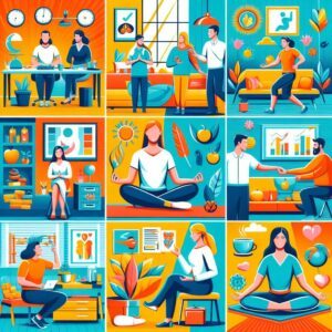 Collage: Workplace scenes featuring diverse wellness activities promoting Mental Health Employee Wellness Programs.