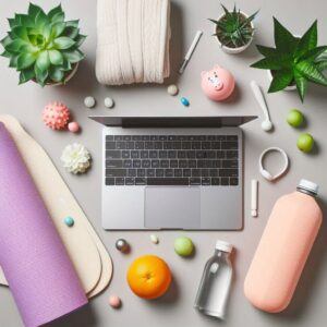 Desk with computer, orange, water, and plants representing workplace well-being promoted by Mental Health Employee Wellness Programs.