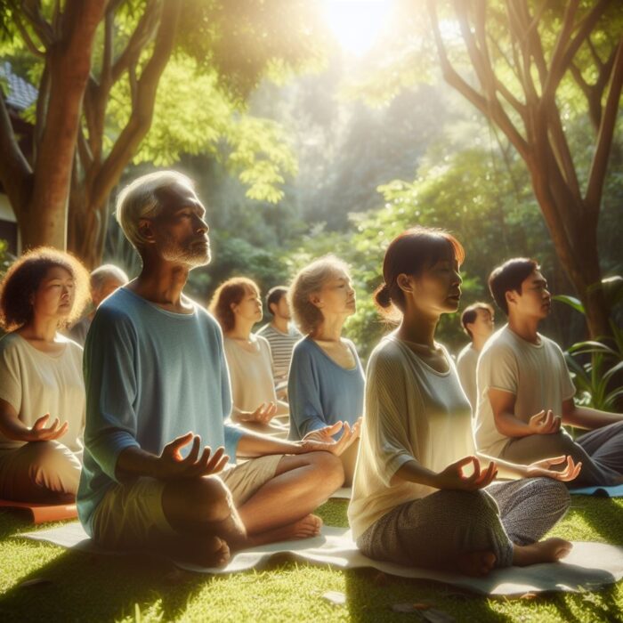 Ways Find Inner Peace: Achieve inner peace and mental well-being. Diverse group practices meditation for stress relief and mindfulness.