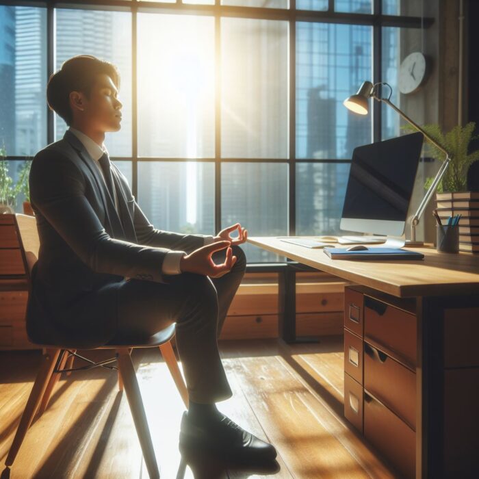 Workplace Stress Relief Tips: Employee practicing mindfulness meditation for workplace stress relief in a peaceful office.