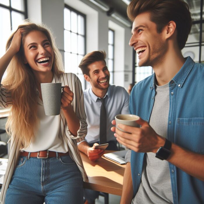 Workplace Stress Relief Tips: Reducing stress at work through positive workplace relationships. Employees enjoy a casual conversation and coffee break.