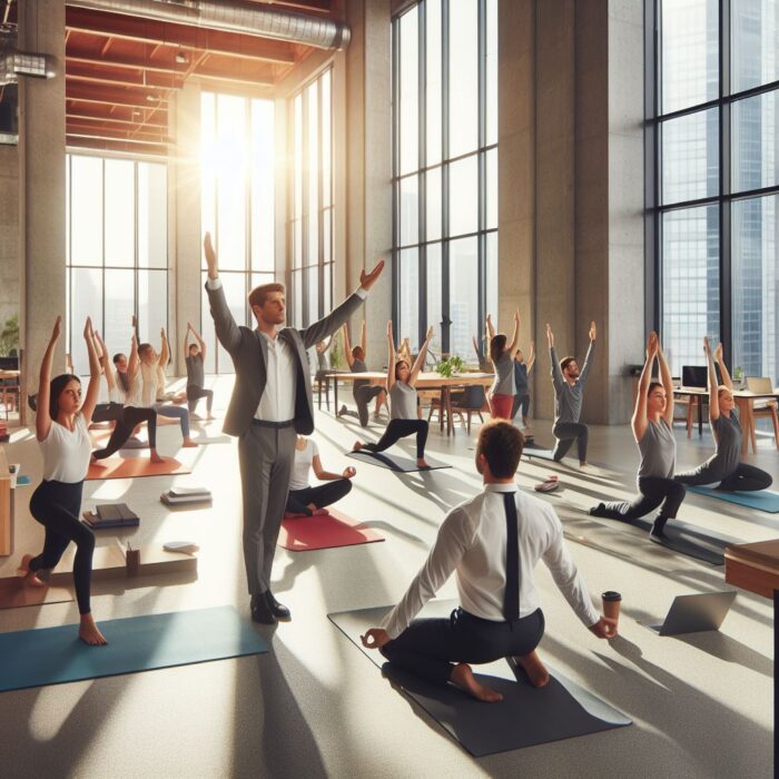 Workplace Stress Relief Tips: Employer-sponsored yoga class for employee wellbeing and stress management in a bright office.