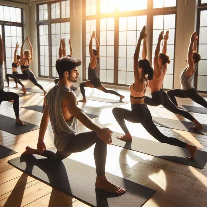 Benefits Yoga Daily Life: Improve flexibility and strength through yoga. Diverse group practices yoga poses in a bright studio. yoga benefits for flexibility