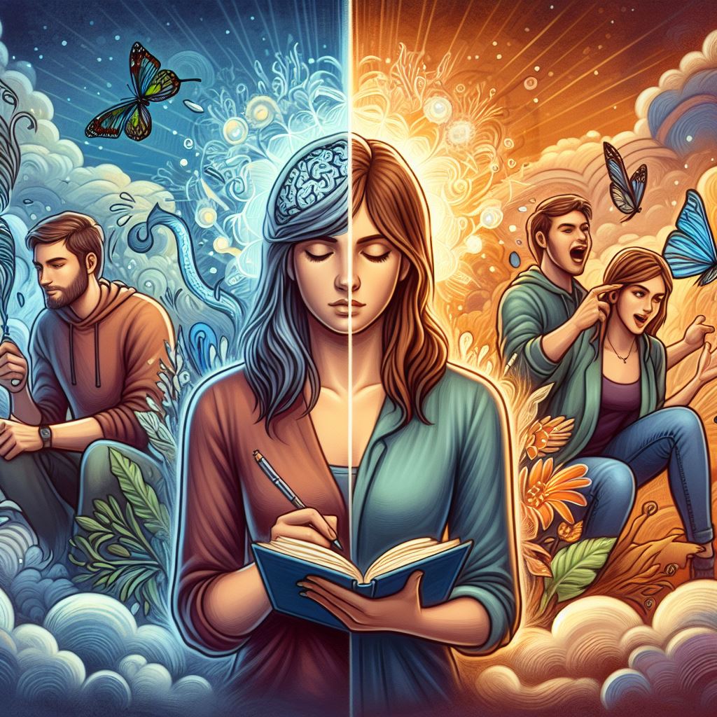 Introverted Vs Extroverted Thinking: A calm, reflective person journaling on one side and an energetic, social person in a lively discussion on the other, highlighting the differences in thought processes and social interactions.