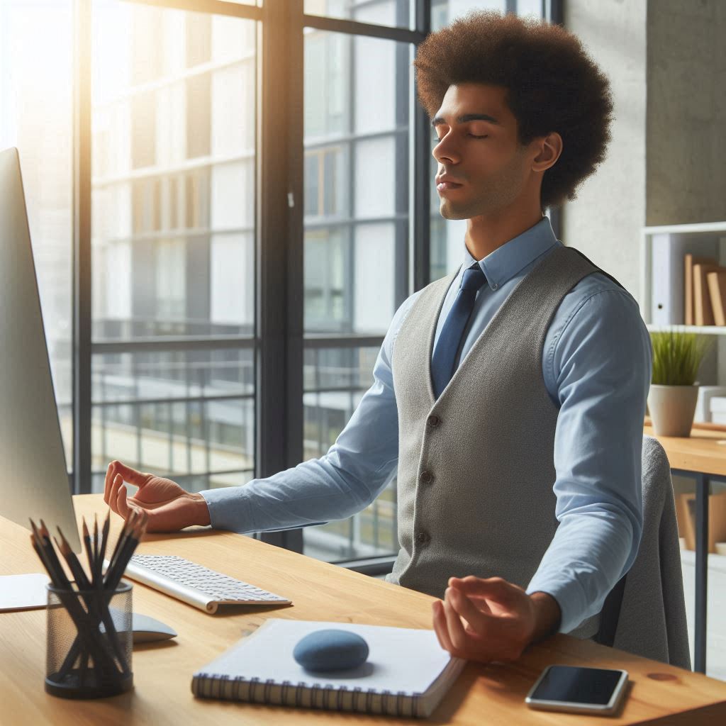 Workplace Stress Relief Tips: Practicing deep breathing at your desk to reduce stress and boost productivity.