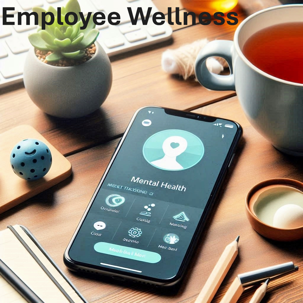 Mental Health Employee Wellness Programs: Wellness app on a smartphone promoting mental health tracking, complemented by stress-relief tools on an office desk.