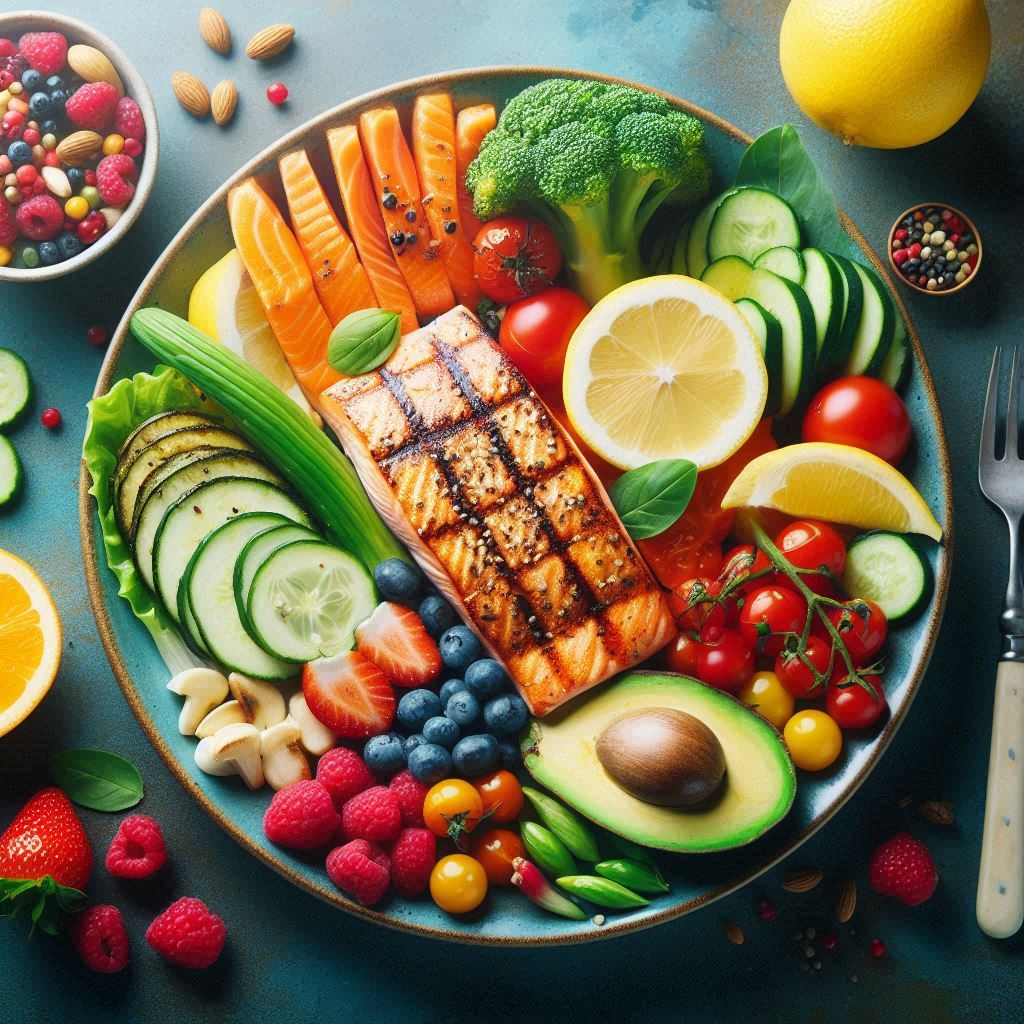 Healthy Weight Losing Diets: A colorful plate showcasing a balanced meal with fruits, vegetables, and lean protein for sustainable weight loss.