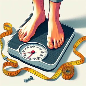 Nutrition Plans Lose Weight: A scale and measuring tape, tools for tracking weight loss progress.