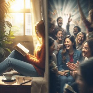 Difference Between Introverted Extroverted: Introvert enjoying quiet time and reading, extrovert socializing at a party.
