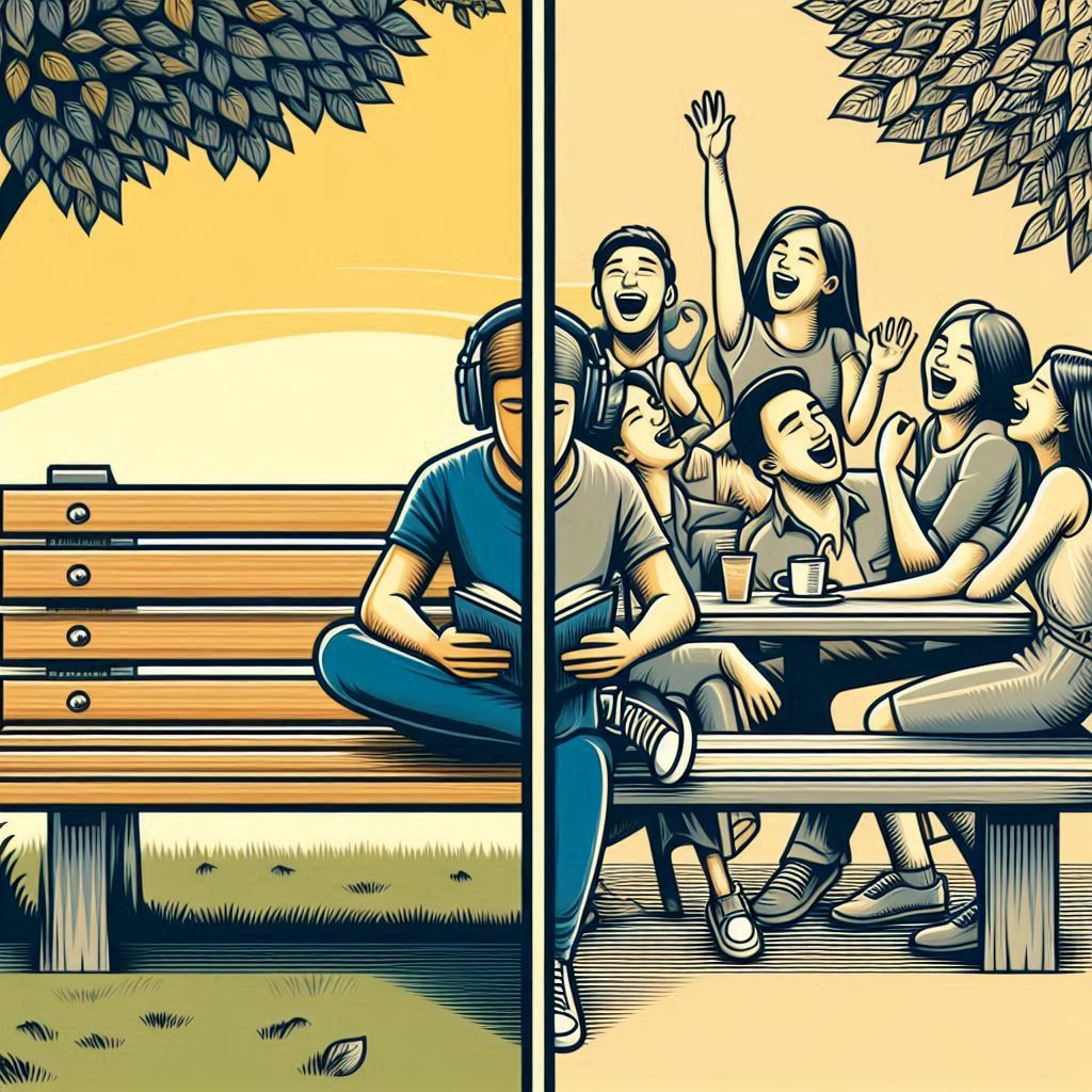 Difference Between Introverted Extroverted: Introvert Extrovert Preferences. Visual metaphor - solitude vs. social interaction.