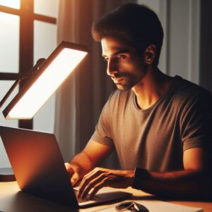 Light Therapy Lamps Reviews: Light therapy lamp positioned for optimal mood and energy boost during workday.