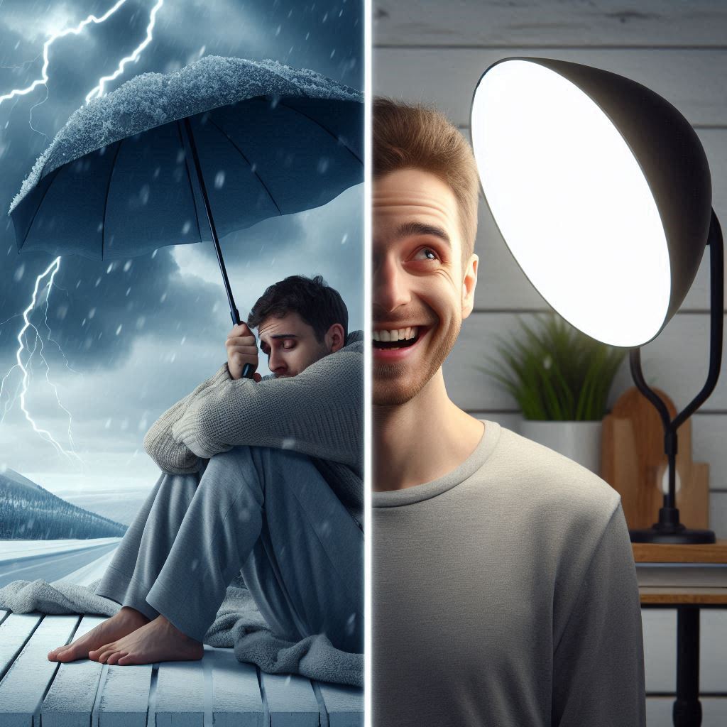 Light Therapy Lamps Reviews: Visual comparison of feeling sluggish vs. feeling energized with light therapy for Seasonal Affective Disorder (SAD).