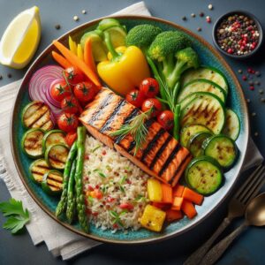 Tips Healthy Eating Out: Choose lean protein sources like grilled fish and balance your plate with colorful vegetables and whole grains.