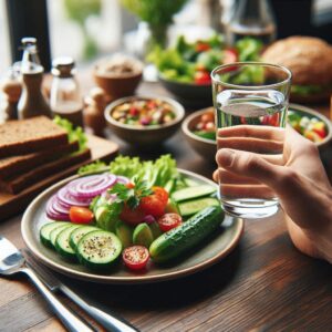 Tips Healthy Eating Out: Stay hydrated with water and choose low-calorie beverages like unsweetened tea at restaurants.