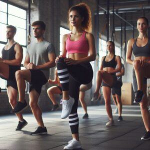 Free Hiit Workout Plan: Group performing high knees in a gym to boost cardiovascular fitness.