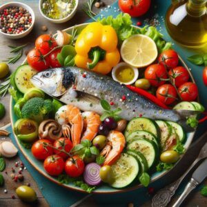 Healthy Weight Losing Diets: Healthy Mediterranean diet foods including grilled fish, fresh vegetables, and olive oil for quick weight loss.