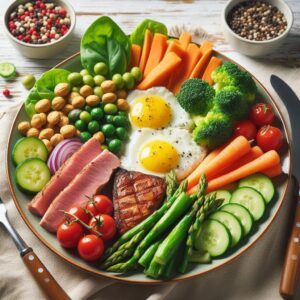Nutrition Plans Lose Weight: A balanced meal with protein, carbohydrates, and vegetables.