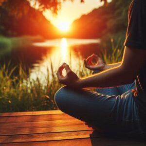 Meditation Techniques Anxiety Depression: Mindfulness meditation in a tranquil outdoor setting at sunset.