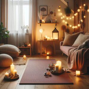 Meditation Techniques Anxiety Depression: Creating a serene home meditation space with a yoga mat and calming candles.