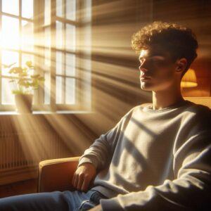 Hypnosis For Anxiety Attacks: A person sits comfortably in a chair with their eyes closed, sunlight streams through a window casting a warm glow. They appear relaxed and focused.