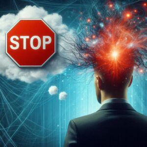 Hypnosis For Anxiety Attacks: Stop Sign on a Thought Bubble. A thought bubble with a red stop sign appears above a person's head. This symbolizes interrupting negative thought patterns associated with anxiety through hypnosis.