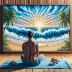 Hypnosis For Anxiety Attacks: Person Visualizing Peaceful Beach. A person sits on a beach towel with their eyes closed, visualizing a calming scene of waves lapping at the shore and palm trees swaying in the breeze.