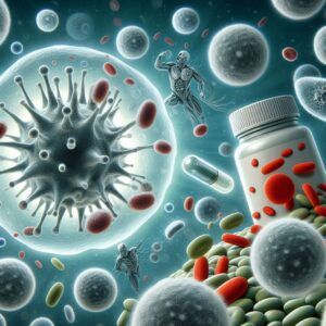 Calcium Magnesium Supplement Benefits: An illustration of white blood cells attacking bacteria with calcium and magnesium supplement bottles in the background, symbolizing their role in immune defense and support.