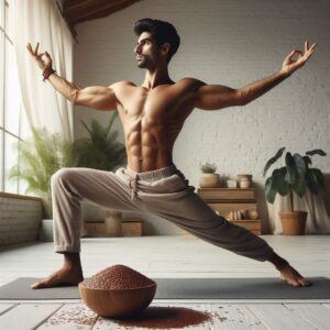 Health Benefits Flaxseed Men: Improve flexibility and strength with yoga and a sprinkle of flaxseed for added health.