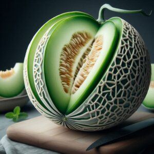 Galia Melon Health Benefits: A close-up view of a sliced Galia melon revealing its netted rind and pale green flesh.