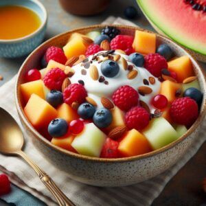 Galia Melon Health Benefits: A nutritious breakfast bowl with diced Galia melon, berries, and yogurt.