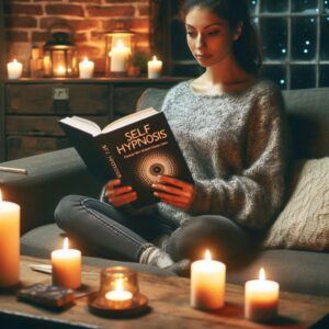 Ways Achieve Inner Peace: Practicing self-hypnosis with a guidebook and candlelight to foster deep relaxation and peace.