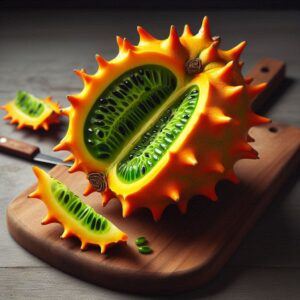 Kiwano Melon Health Benefits: Unique and exotic fruit with vibrant orange skin and lime green flesh.