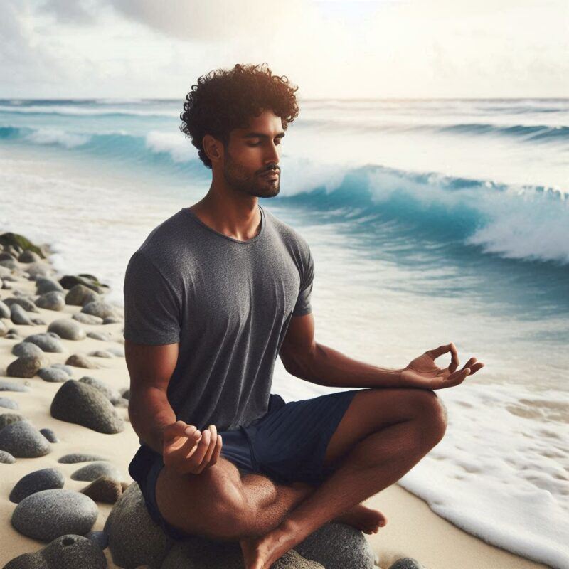 Stop Heart Attack Naturally: Meditation by the ocean highlights the calming effects of stress management on heart health.