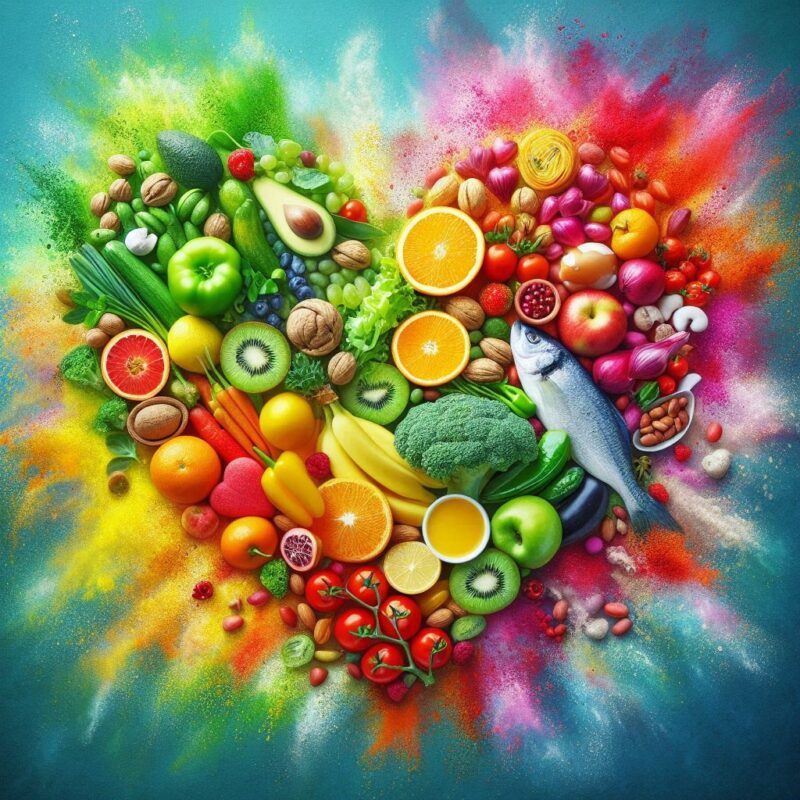 Stop Heart Attack Naturally: A heart-shaped collage of nutrient-rich foods, symbolizing the power of a heart-healthy diet in preventing heart attacks.