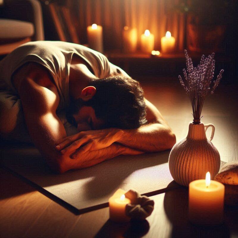 Yoga Pose Help Sleep: Create a calming environment by dimming the lights, playing soothing music, and ensuring your space is free of distractions.