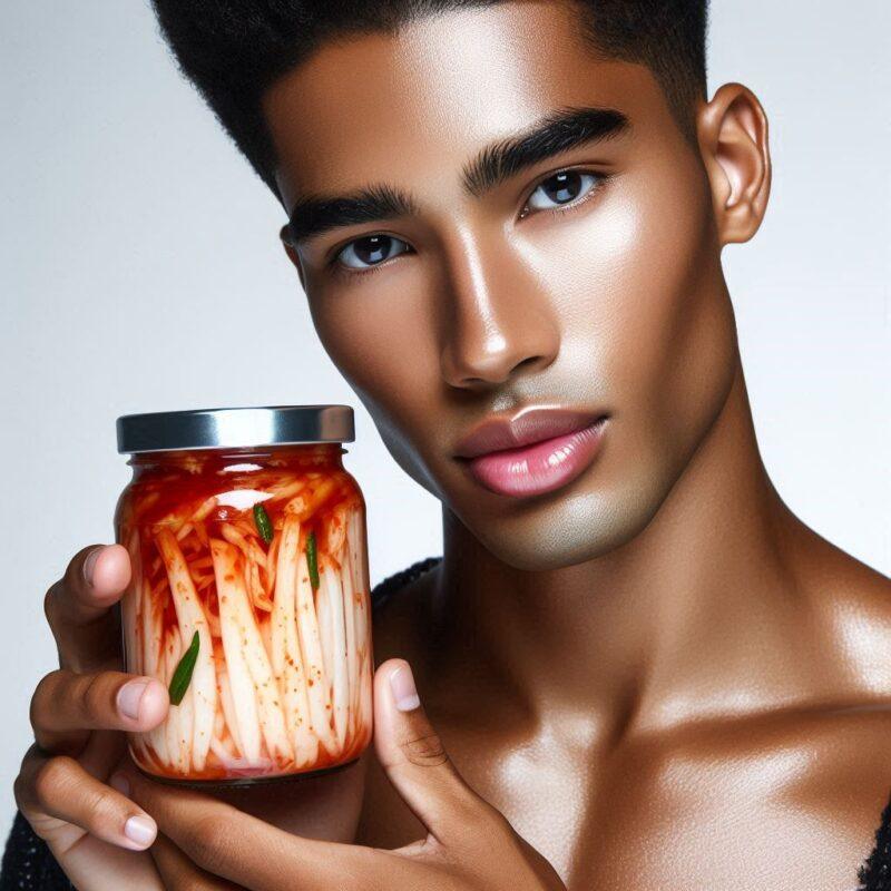 Are Health Benefits Kimchi: A glowing, clear-skinned man holding a jar of kimchi, highlighting how the probiotics in kimchi promote skin health by reducing acne and inflammation.