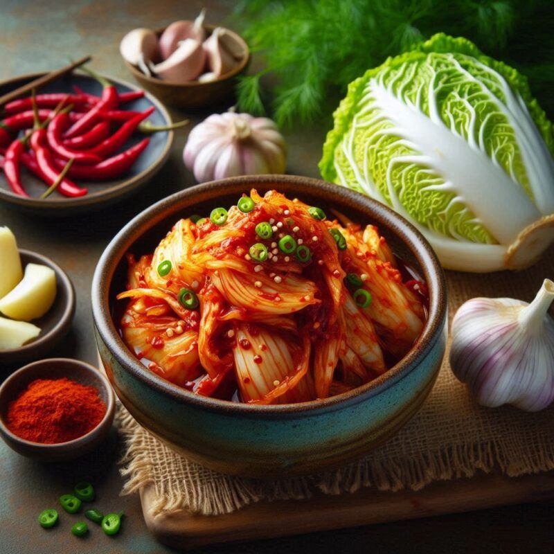 Are Health Benefits Kimchi: A colorful bowl of freshly made traditional kimchi featuring napa cabbage, radishes, and chili paste, surrounded by garlic and ginger, promoting gut health and probiotics.