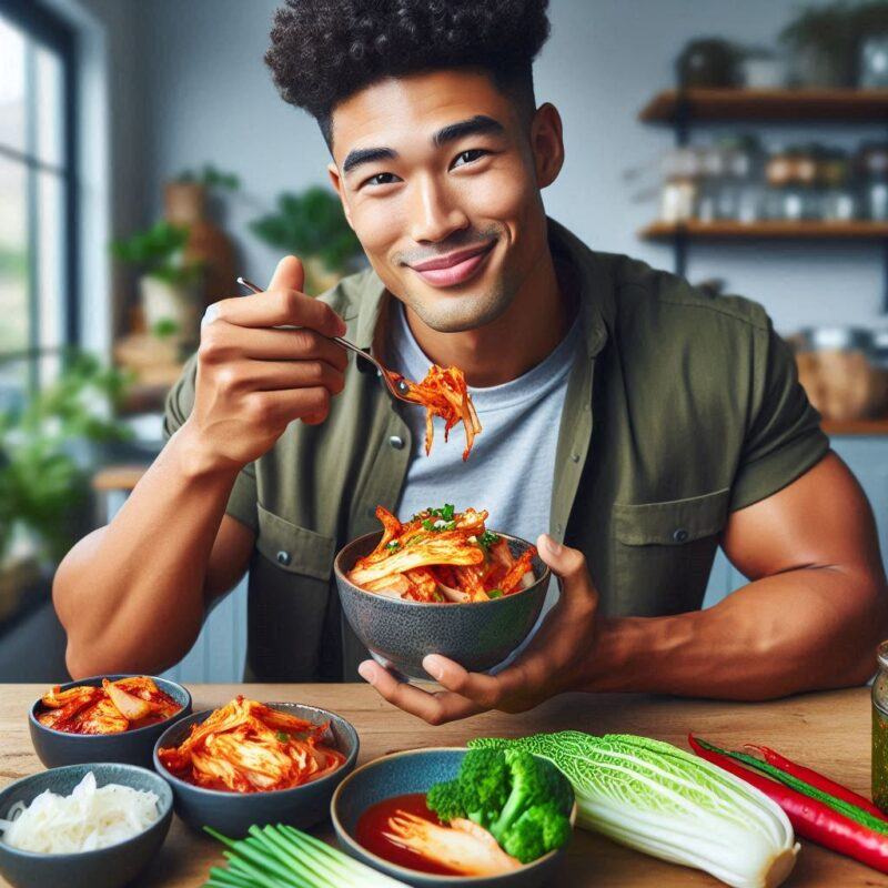 Are Health Benefits Kimchi: A man enjoying a dish of kimchi, showcasing the immune-boosting properties and nutrient-rich ingredients like garlic and ginger.