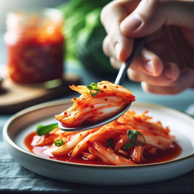 Are Health Benefits Kimchi: A spoonful of kimchi being served onto a plate, highlighting its low-calorie, high-fiber content that supports weight loss and gut health.