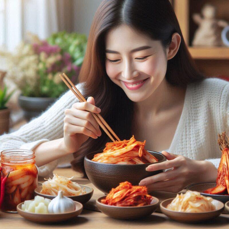 Are Health Benefits Kimchi: A woman enjoying a dish of kimchi with other Korean side dishes, showcasing the immune-boosting properties and nutrient-rich ingredients like garlic and ginger.